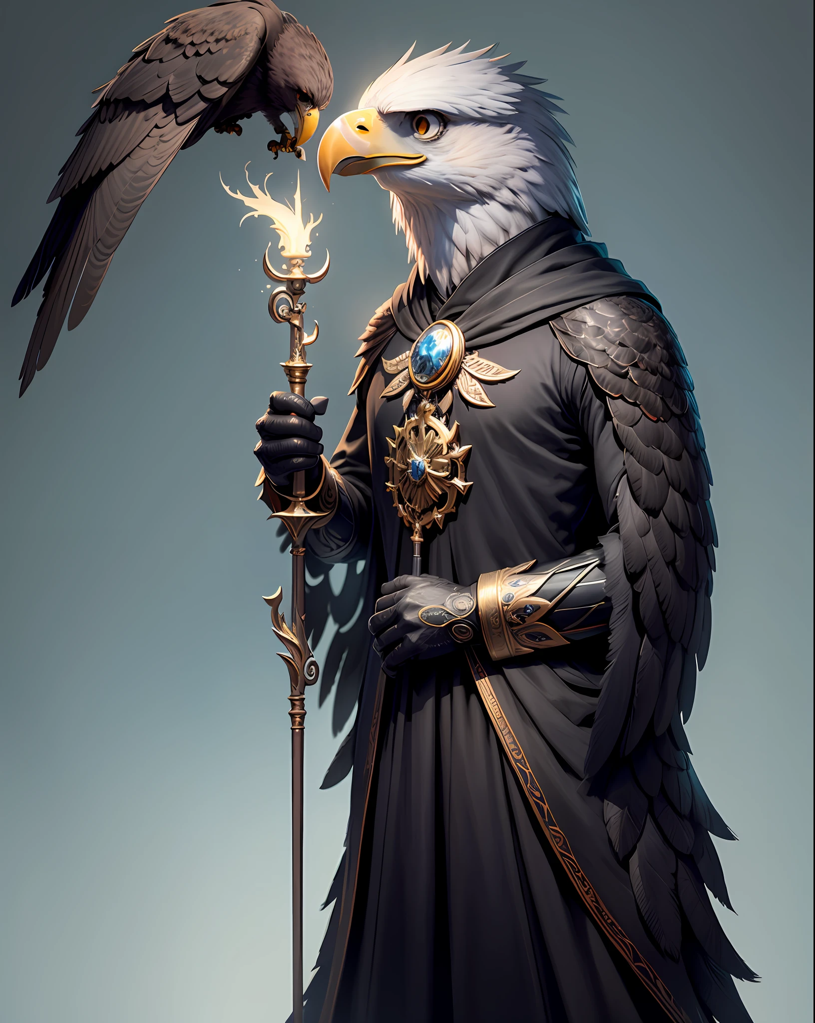 Masterpiece of cute creatures, very detailed, anthropomorphic, eagle mage, (eagle man), holding a staff, wearing a black robe, close-up, 8k, full body, Unreal Engine, (fantasy creature), --v 6