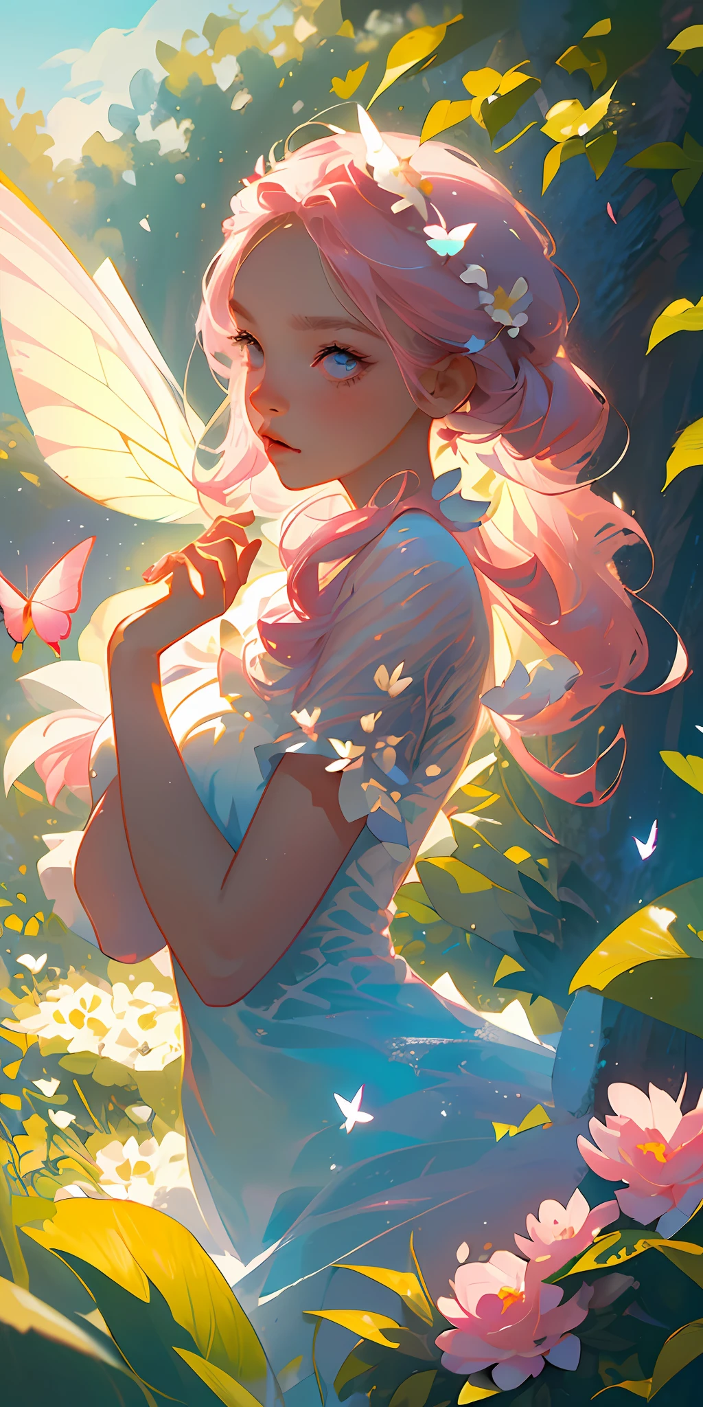 (Best Quality, Masterpiece), 1girl, Pose, Particle, Wind, Flower, Upper Body, Pink and White Color Scheme, Simple Background, Looking at the Viewer, Flower Fairy, Wings, Forest, Butterfly,