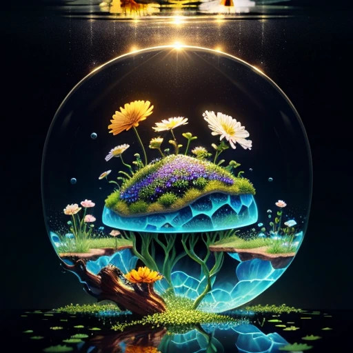 anthill with flowers and insects trapped in a water bubble on top realistic