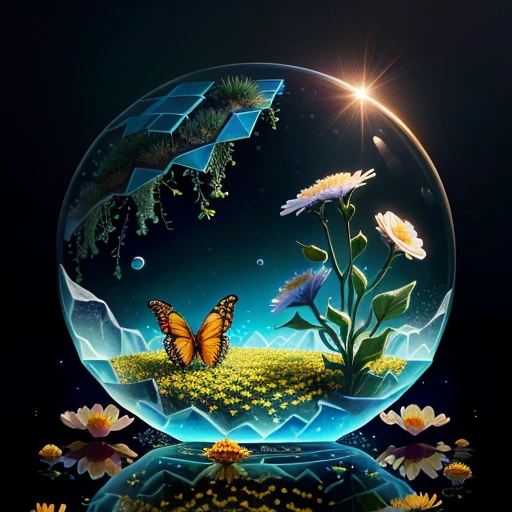 anthill with flowers and insects trapped in a water bubble on top realistic