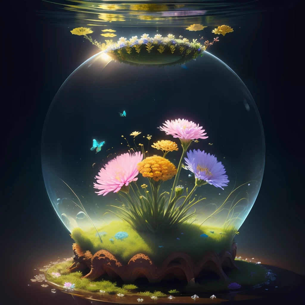 anthill with flowers and insects trapped in a water bubble on top realistic
