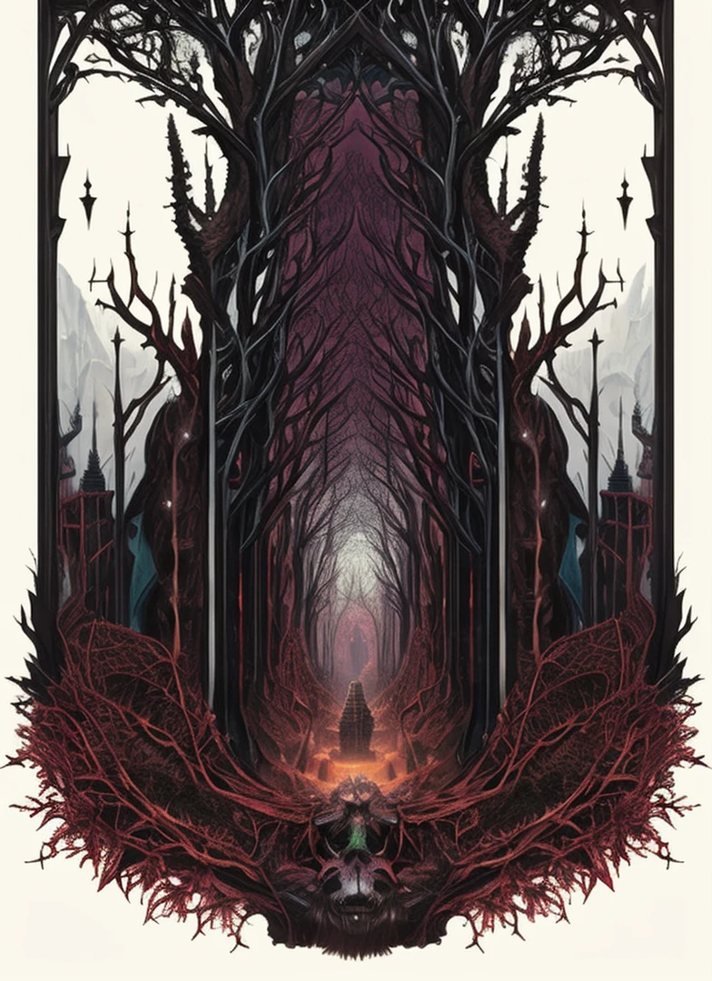 vast creepy valley, horror scenario with monsters monuments, tombs, rotten ends, dead trees, thorns. A deep abyss in the right. illustration, grotesque, mystical, intricate, hyper detailed, sketch colour drawing, hyperrealism, 4k resolution, very complex, hyper-maximalist, overdetailed
symmetrical art, book cover, symmetrical, illustrated, realistic