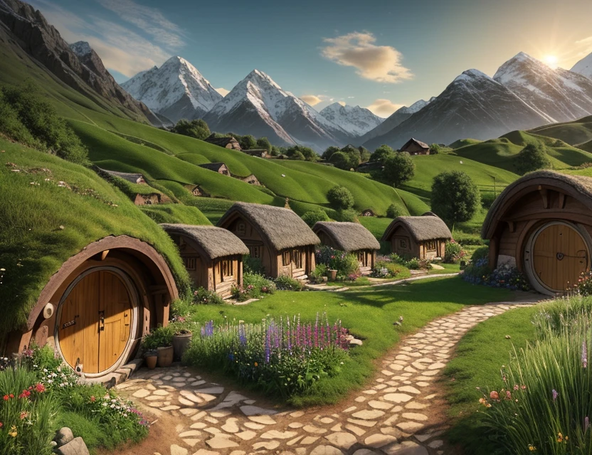 a professional photograph, wallpaper, landscape of a Hobbit village, dirt path, small mountains, hobbit wooden homes, beautiful, lord of the rings style, intricate, highly detailed, UHD, 8k, 4k, photo realistic, masterpiece