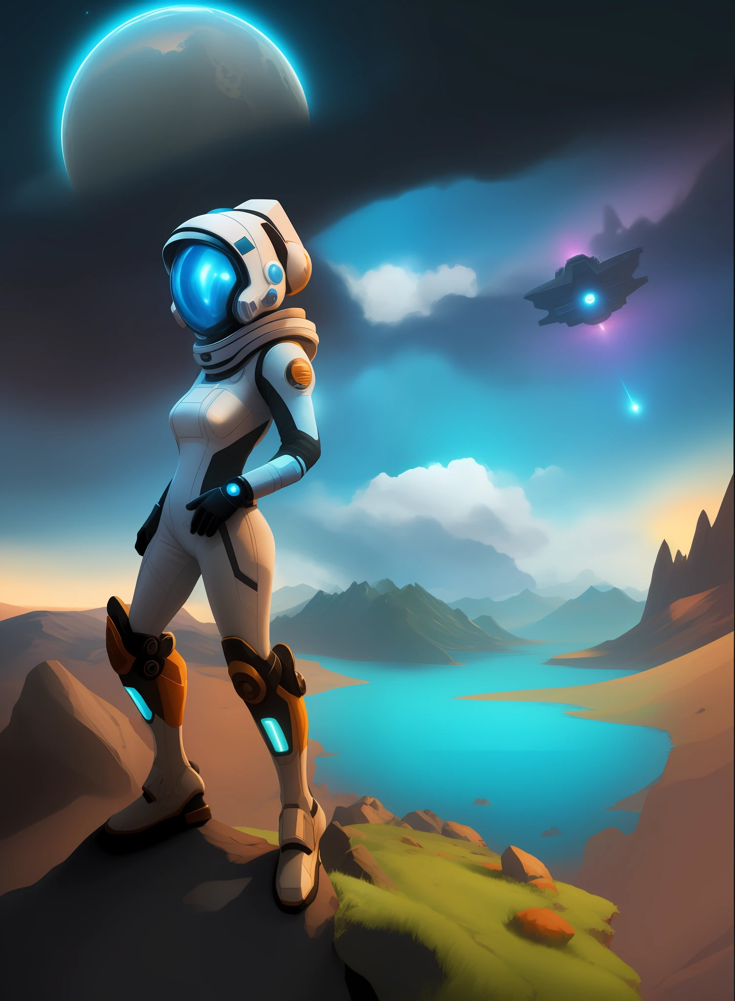 Cartoon illustration of a woman in a spacesuit standing on a hill, stylized concept art, stylized game art, game key art, sci-fi space game art, game art, detailed game art, key art, 3d game art, 3d game art, space armor, android jones and rhd, super detailed game art, mobile game art