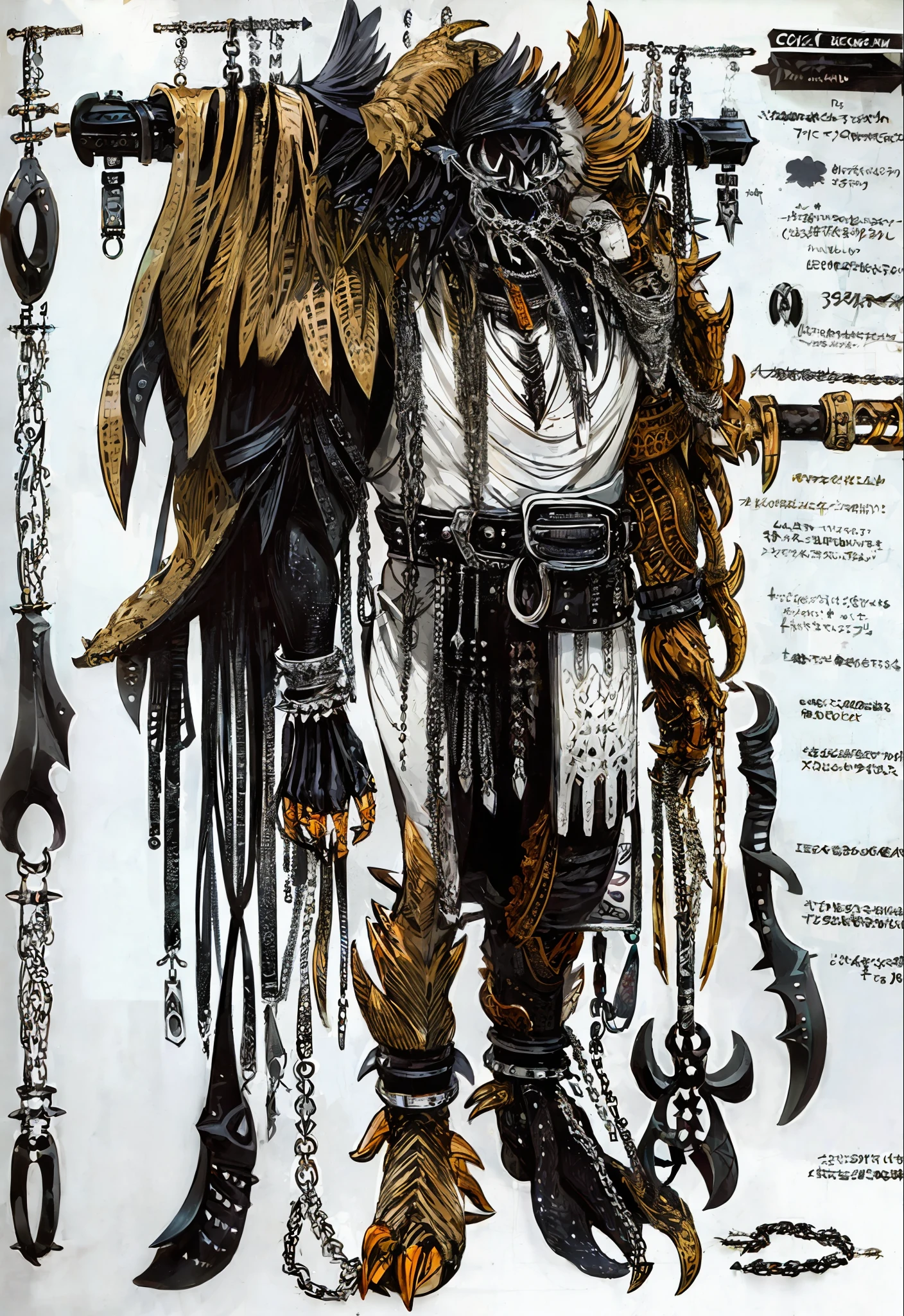 (((concept art, drawing, sketch, Undd, solo))) (cat, black), (((spikes))), belt, (((leather))), (((ring chains))) (((asymmetrical))),