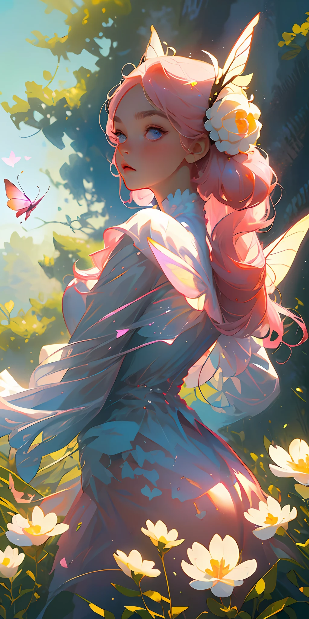 (Best Quality, Masterpiece), 1girl, Perfect Eyes, Detailed Beautiful Face, Pose, Particle, Wind, Flower, Upper Body, Pink and White Color Scheme, Simple Background, Looking at the Audience, Flower Fairy, Wings, Forest, Butterfly,