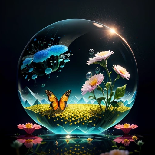anthill with flowers and insects trapped in a water bubble on top realistic