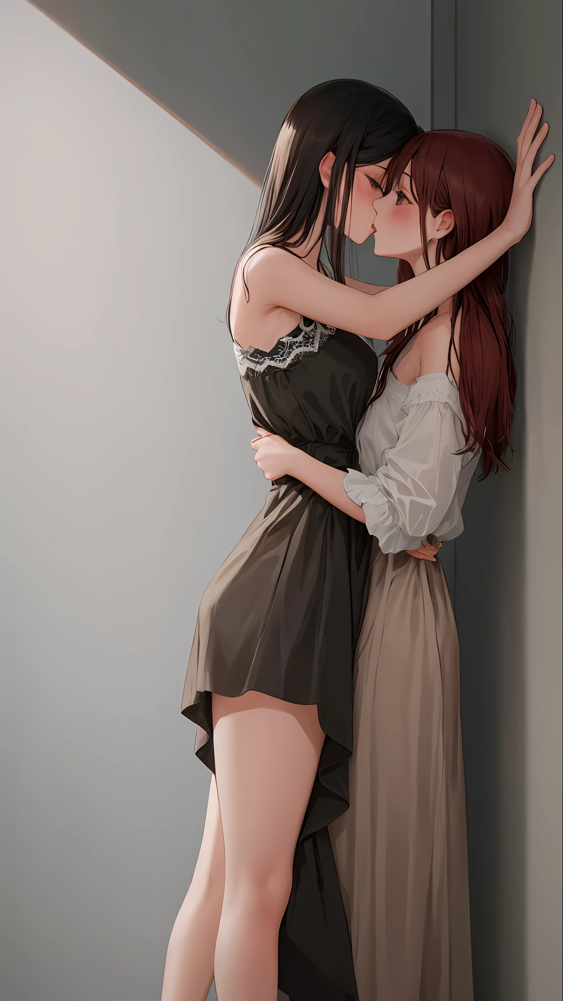 2 girls, kiss very hot, one girl - The other is tall and short, with dark hair, and the other is tall.
