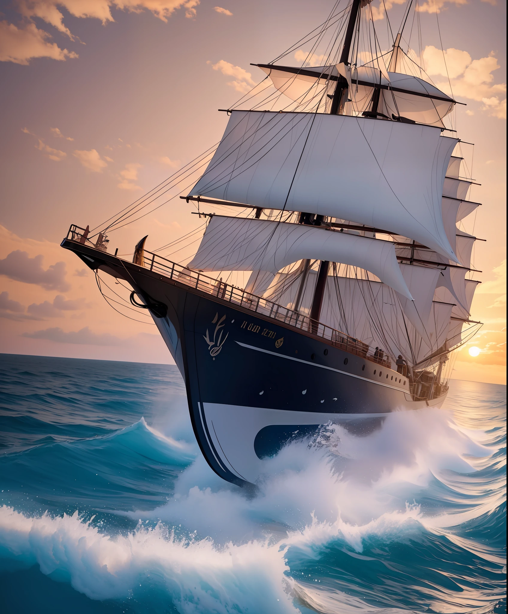 /imagine prompt: A large sailing ship, sailing over rough seas, the sun setting, countless seabirds chasing the ship, seamen, nervously busy with sails on board, black clouds rolling in the distance, as if something big was happening. 8K , whimsically , high resolution , hyper quality , 4K , High Realism , Real-time Rendering , Futurism , Medium Long Shot(MLS)