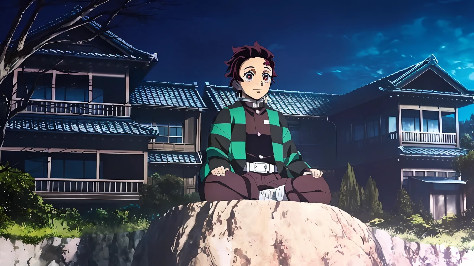 anime character sitting on a rock in front of a house, akaza limetsu, akaza, smiling, kimetsu no yaiba, akaza kimetsu in demon slayer art, today's featured anime still, demon slayer rui fanart, demon slayer artstyle, in the anime film, demon slayer, official art, screenshot from the anime film, still from anime, shuushuu anime image, still from tv anime