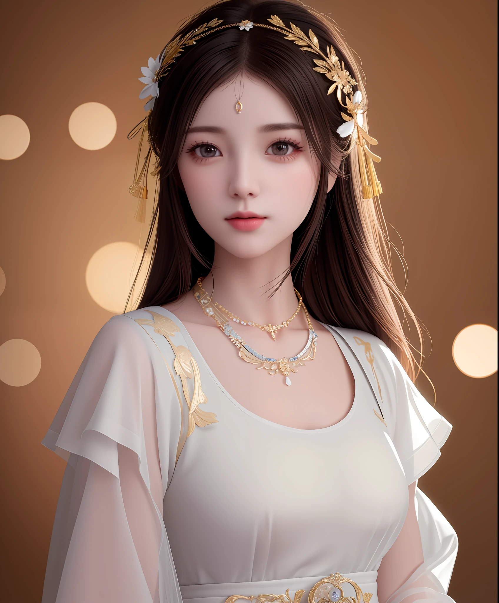 A 40 year old woman with Chinese face, wearing Virgin Mary halo of the highest quality, masterpiece, high definition, 1 girl, porcelain dress, hair accessories, necklace, jewelry, beautiful face, upon_body, tyndall effect, realistic, dark studio, edge lighting, two-tone lighting, (high detail skin: 1.2), 8k ultra hd, DSLR, soft lighting, high quality, volumetric lighting, frank, photos, high resolution, 4k, 8k, bokeh,