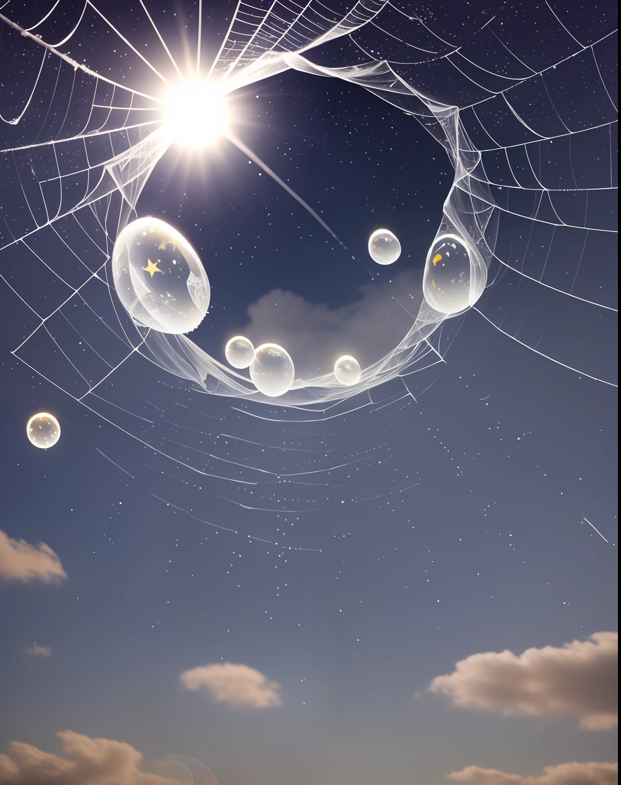 white spiders inside glowing on the sun bubbles realistic
