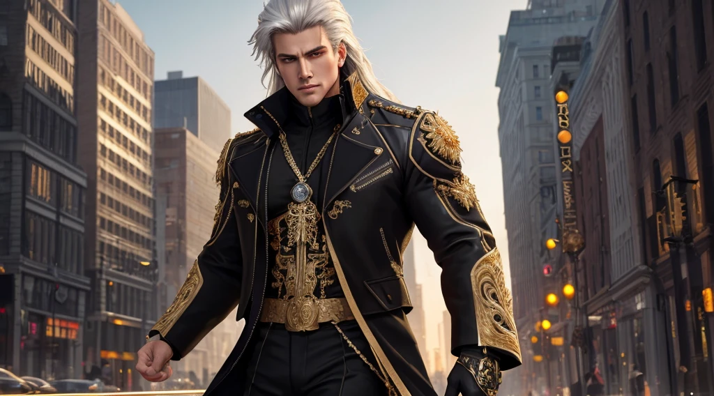 ((masterpiece)), the best quality, ultra detailed, intricate details, rich colors, sharp focus, strong and muscular man (((Black jacket with light gold details))))), ((With golden orange eyes)), Very long and long hair and spiky, Silver White Hair, Urban landscape in the calm morning, Heroic, Strong jaw,{{{Masterpiece: 1.3 }}}, {{{realistic}}, {{cinematic lighting}}, {{{perfect anatomy: 1.3} }, handsome man, {{extremely detailed}}},  long eyelashes, {{perfect face}}, {{perfect eyes}} refined, {soft lighting}, {{cool}}, (detailed body), (masterpiece) ),((best quality))), ( full body: 1.2), good anatomy, severe features, tall ,((highly detailed features)), ,(city in the morning),volumetric lighting, dramatic atmosphere, 1boy, ((solo )), solid snake, looking at the horizon, serious expression.