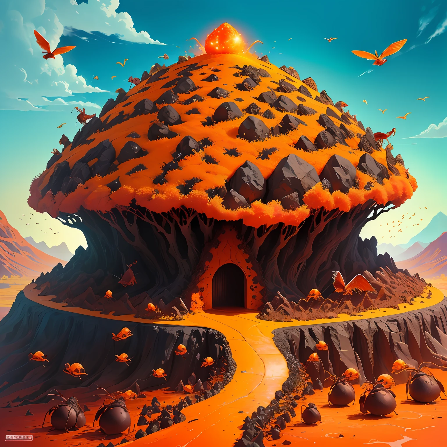 lava themed anthill with flying birds and running ants