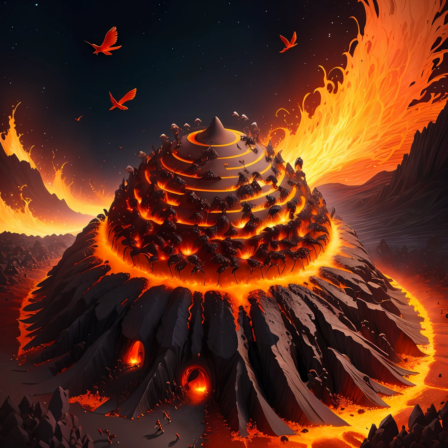 lava themed anthill with flying birds and running ants