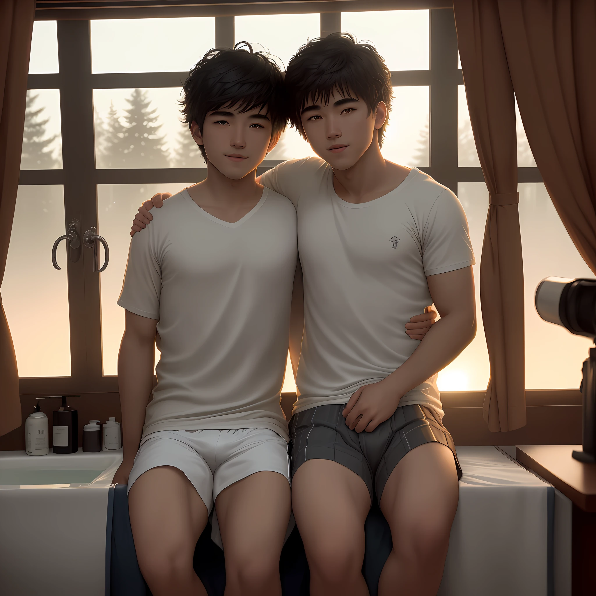 photo of a beautiful young diverse and semi-naked teenagers from male-only camp, (schoolboy male: 1.6) with (school clothes, shorts: 1.2) and (without underwear: 1.4) and a sports school uniform, in the (men's school camp, showers, men-only lock, showers: 1.2) (field, forest: 1.2) (tents, cabins: 1.2), (school carpet: 1.2), (rich: 1.4), (erotic: 1.2), sensual, lascivious masculine, seductive, exciting, submissive, domineering, fearful, disturbing, perversely sexual, sexy, only men, (romantic: 1.2), be good-humored, laughter, atmosphere with luminous background by lee jeffries nikon D850 film stock photography 4 kodak portra 400 camera f 1 6 lens rich colors realistic texture hyper-realistic spectacular lighting based on a bathroom with unreal engine, Cinestill 800 T Eastmancolor, (Bokeh spotlight, golden hour illumination: 1.2) (UHD 32K color photo: 1.6),(dark studio, edge lighting, two-tone lighting, dim lighting, low key: 1.6; Gay Art