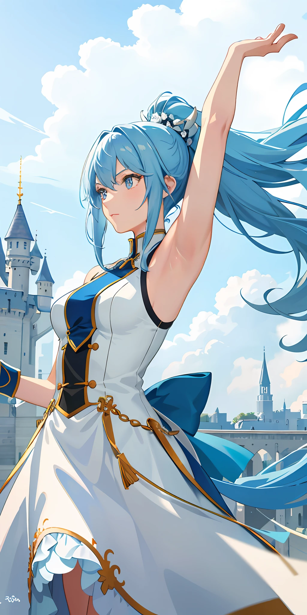A masterpiece of very high quality with anime style, it depicts a woman with long blue hair with ponytail, wearing a white dress and with her arms raised, showing her armpits, castle in the background, detailed background, training