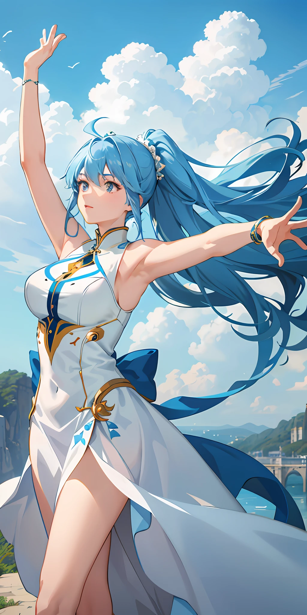 A masterpiece of very high quality with anime style, it depicts a woman with long blue hair with ponytail, wearing a white dress and with her arms raised, showing her armpits, castle in the background, detailed background, training