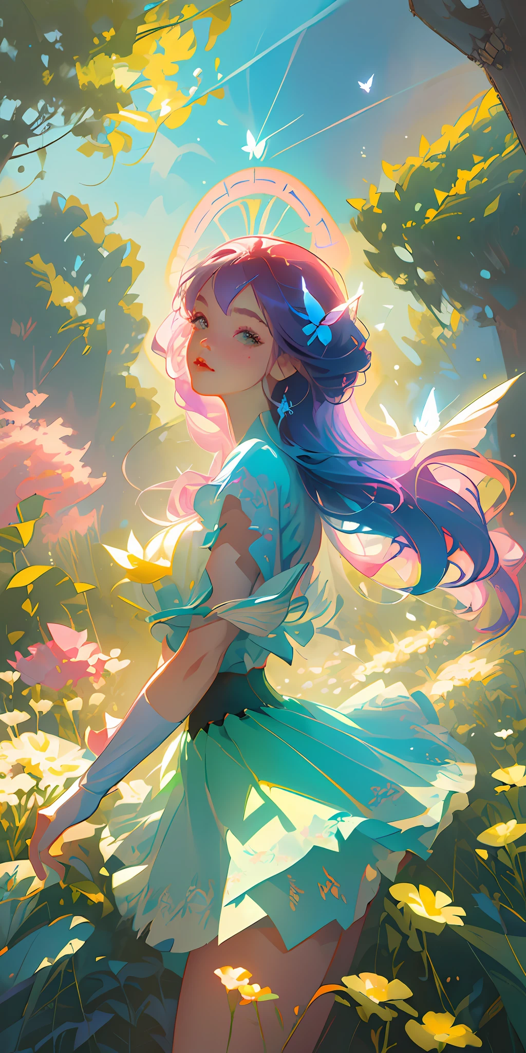 (Best Quality, Masterpiece), 1girl, Colorful hair, Colorful skirt, Rossdraws pastel vibrant, Rossdraws cartoon vibrant, detailed beautiful face, pose, particles, wind, flower, upper body, looking at the audience, flower fairy, wings, forest, butterfly,