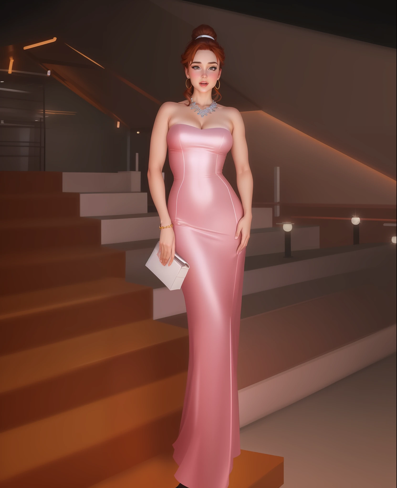 Dancing woman, arms raised, armpit, tight dress, short skirt, beautiful face, reddish brown hair with ponytail, at a party, detailed background, cartoon, 4k, HDR, high quality, better lighting, better shadows, makeup,