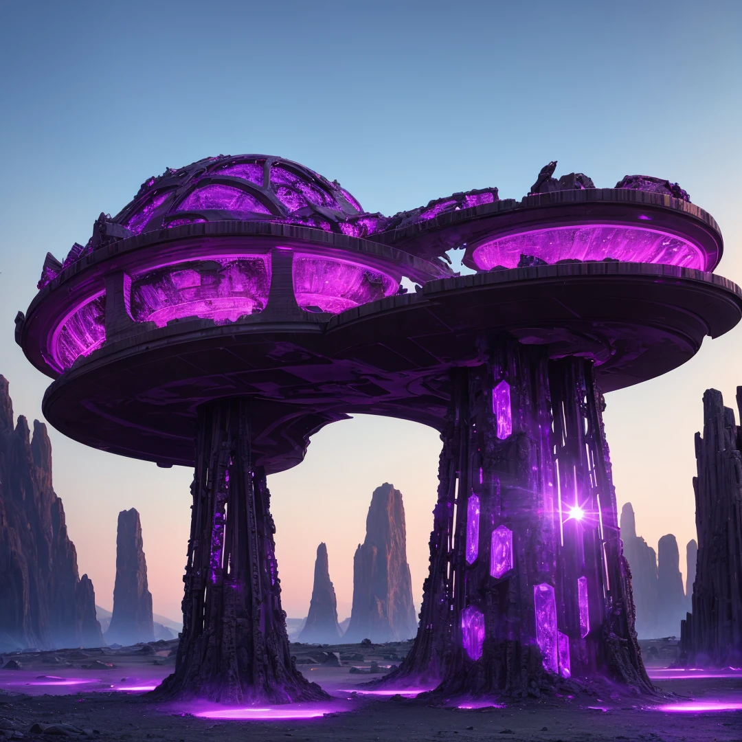 a mysterious ruined ancient alien structure made of black shiny alien metal with violet light emitting crystals engraved around it