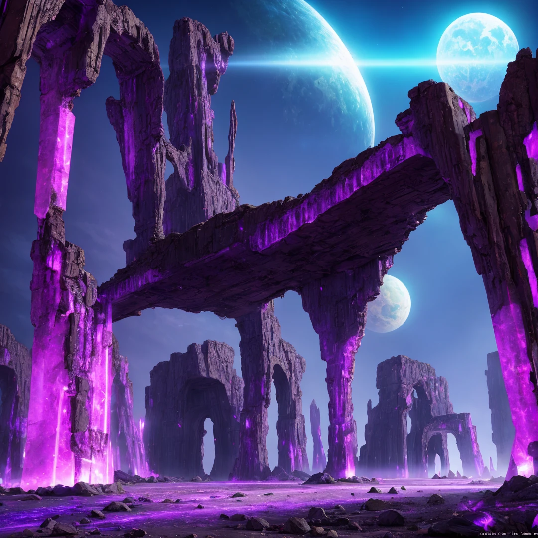 a mysterious ruined ancient alien structure made of black shiny alien metal with violet light emitting crystals engraved around it