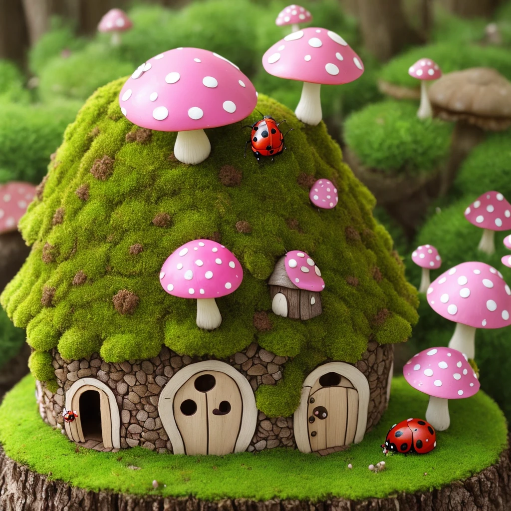 there is anthill building ladybug on top fairy house pink decoration mossy green mushroom forest pink decorations