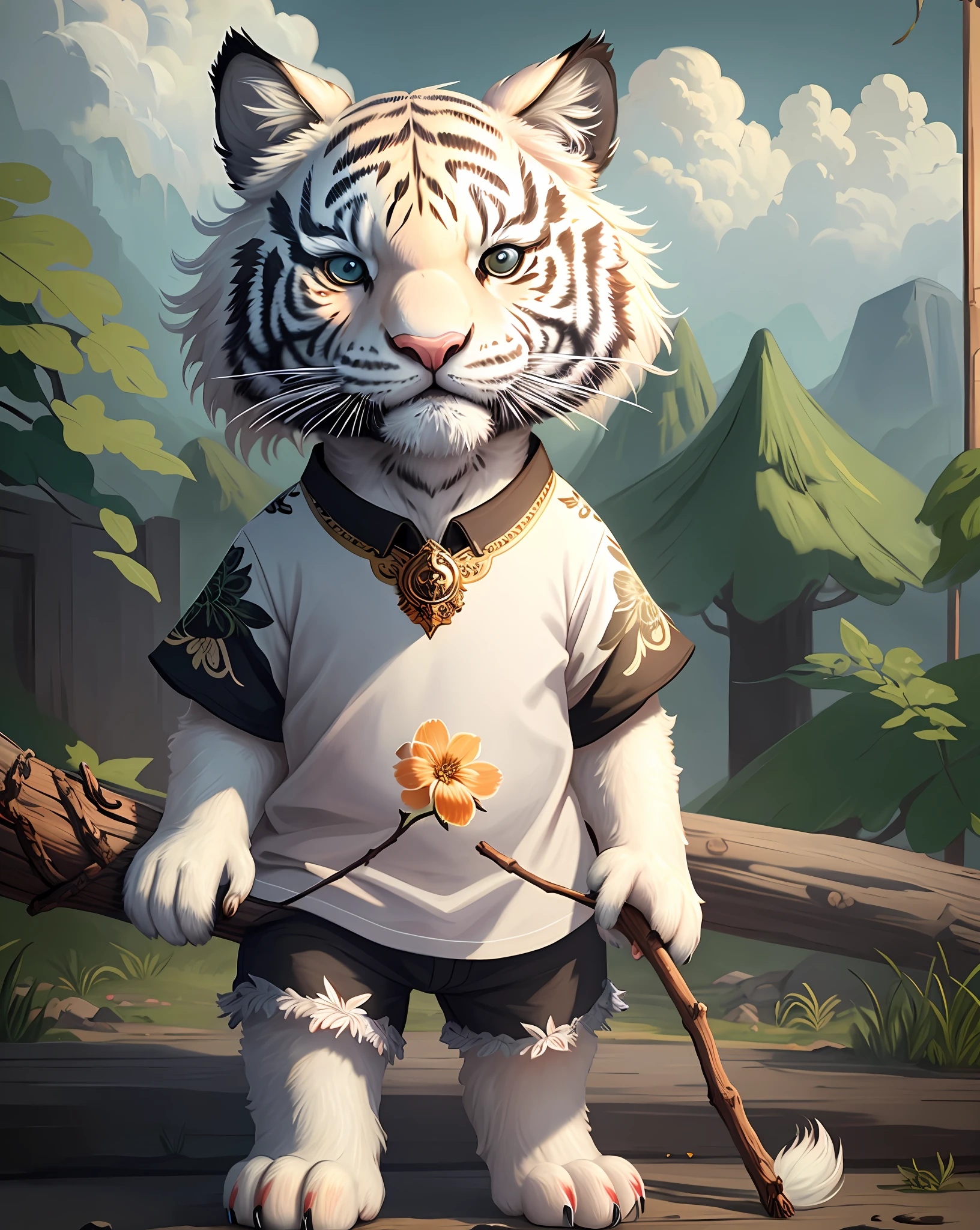 Masterpiece of cute creatures, very detailed, anthropomorphic, white tiger bastard, holding a stick, wearing a floral shirt, black pants, close-up, 8k, full body, Unreal Engine, fantasy creature, --v 6