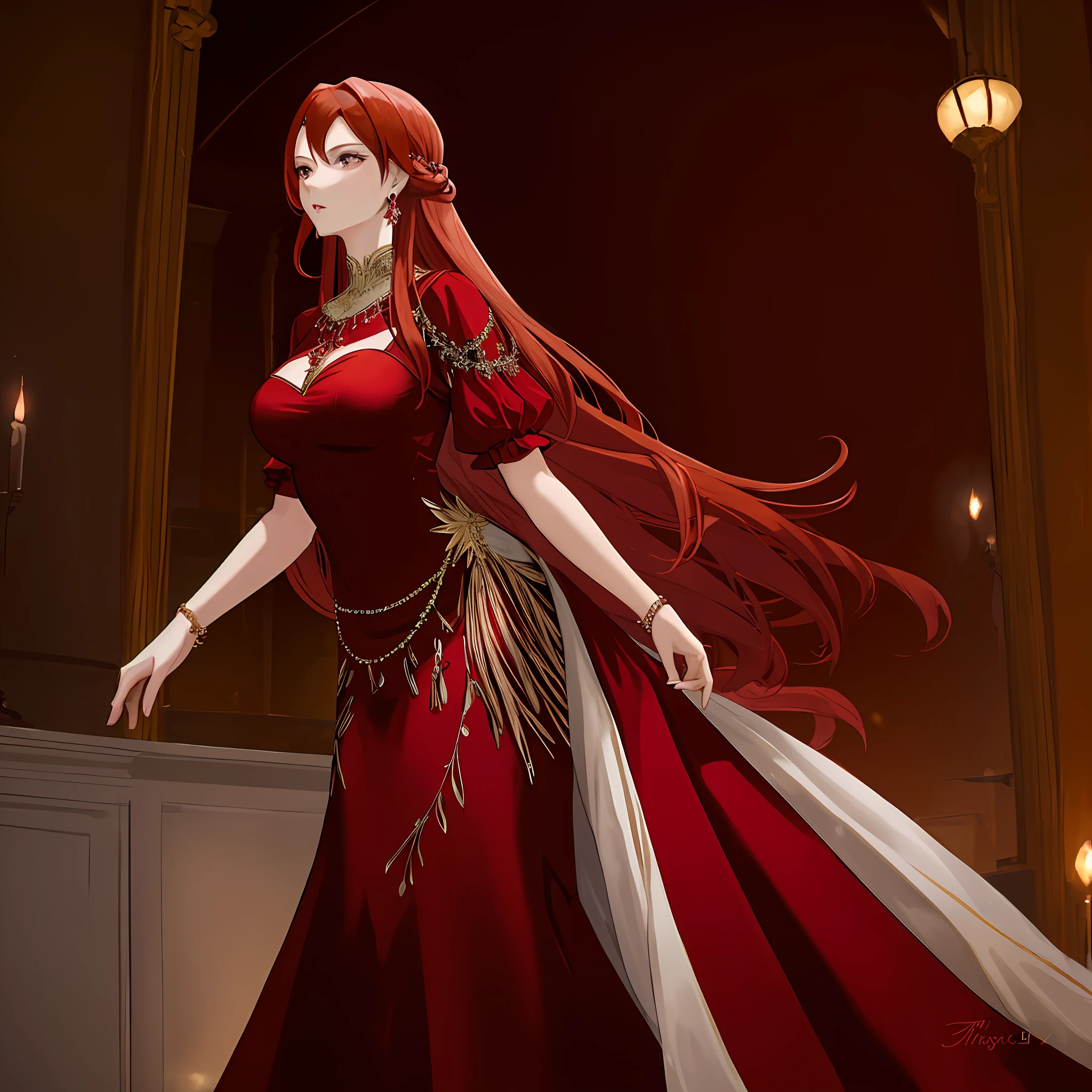 female, adult, red hair, long hair, beautiful, solo, elegant, jewelry, earring, elegant dress, milf