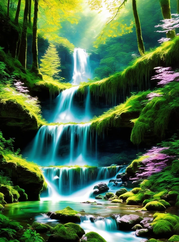 painting of a waterfall in a green forest with a sunbeam, waterfalls, amazing depth, breathtaking masterpiece of art, peaceful beautiful waterfall, multiple waterfalls, an endless waterfall, (waterfall), waterfall(beautiful, waterfall backdrop, waterfall, beautiful art uhd 4 k, streams of flowing light, soft airbrushed artwork, immense waterfall, cascading iridescent waterfalls