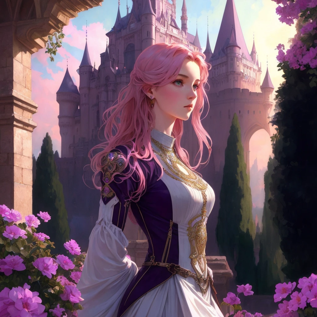 Pale skinny young 18-year-old British girl, wearing compact evangelion jumpsuit slightly revealing the body, full length, full body, pink hair of long length, serious facial expression, against the backdrop of the castle garden, looking up, full body, high detail, high resolution, concept art portrait in 4k resolution. Greg Rutkowski, Artgerm, WLOP, Alphonse Mucha, a bit of poyatti fusion, realistic gothic, fractal isometry, bioluminescent details: stunning realistic photos of 30 years