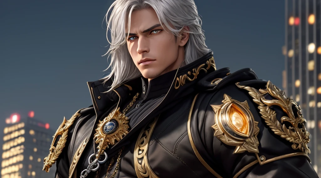 ((masterpiece)), the best quality, ultra detailed, intricate details, rich colors, sharp focus, strong and muscular man (((Black jacket with light gold details))))), ((With golden orange eyes)), Very long and long hair and spiky, Silver White Hair, Urban landscape by the calm morning, ((With silver roasts)), Heroic, Strong jaw,{{{Masterpiece: 1.3 }}}, {{{realistic}}}, {{cinematic lighting}}, {{{perfect anatomy: 1.3} }, handsome man,  {{extremely detailed}}}, long eyelashes, {{perfect face}}, {{perfect eyes}} refined, {soft lighting}, {{legal}}, (detailed body), (masterpiece) ),((best quality))), ( whole body: 1.2), good anatomy, severe features, tall ,((highly detailed features)), ,(city in the morning),volumetric lighting, calm atmosphere, 1boy, ((solo )), solid snake, looking at the horizon, serious expression.