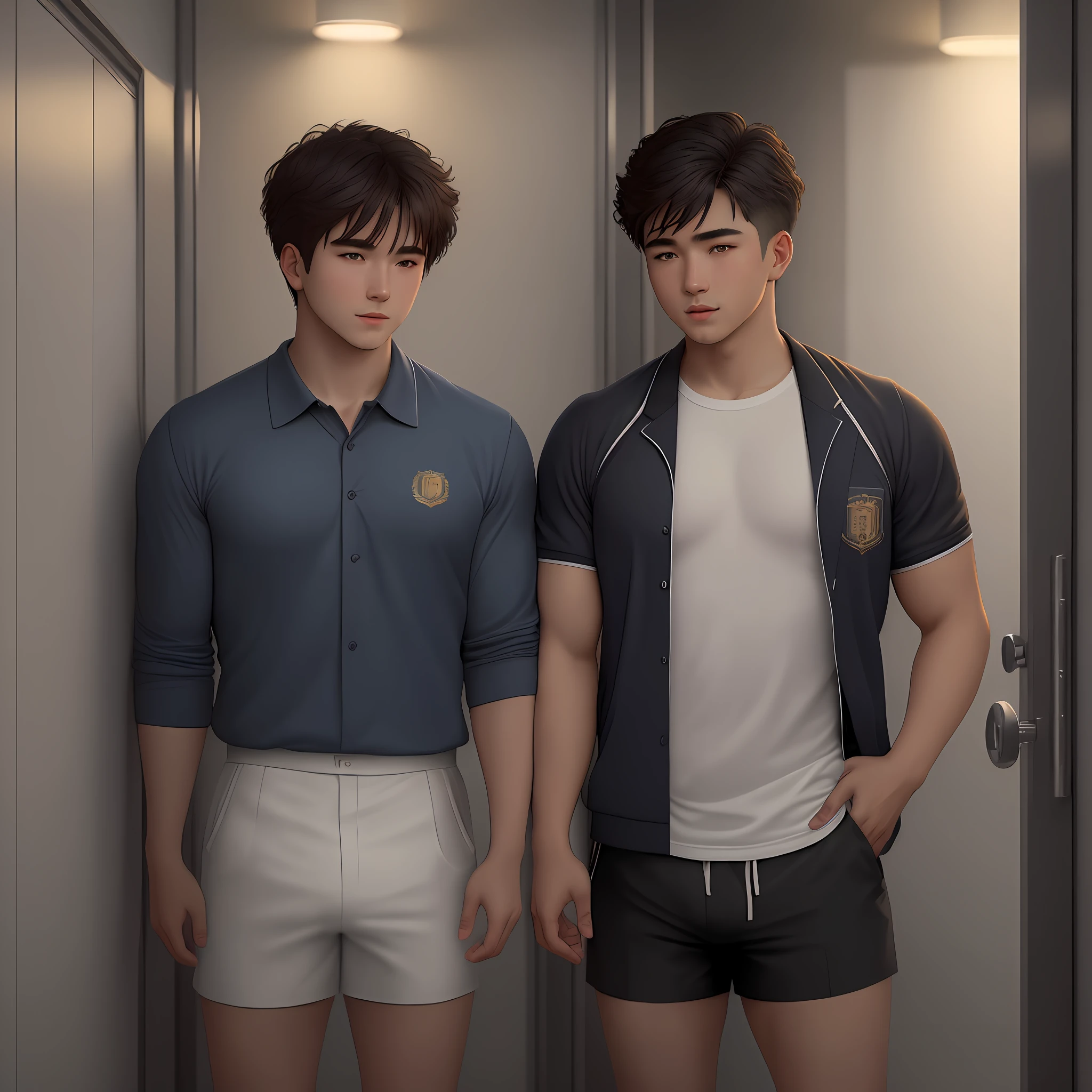 beautiful and young teenagers, of various ethnicities, semi naked at school, with firm pectorals (schoolboy male: 1.6) with (school clothes, shorts: 1.2) and (without underwear: 1.4) and a sports school uniform, in the (men's dressing room, men's locker, showers: 1.2) (school walls: 1.2) (school furniture: 1.2), (school carpet: 1.2), (rich: 1.4), (erotic: 1.2), sensual, lascivious masculine, seductive, exciting, submissive, domineering, fearful, disturbing, perversely sexual, sexy, men only, (romantic: 1.2), moody and atmosphere with luminous background by Lee Jeffries Nikon D850 film stock photography 4 kodak portra 400 camera f 1 6 lens rich colors realistic texture hyper-realistic spectacular lighting based on a bathroom with unreal engine, cinestill 800 t eastmancolor, (Bokeh spotlight, golden hour illumination: 1.2) (UHD 32K color photo: 1.6),(dark studio, edge lighting, two-tone lighting, dim lighting, low key: 1.6; Gay Art