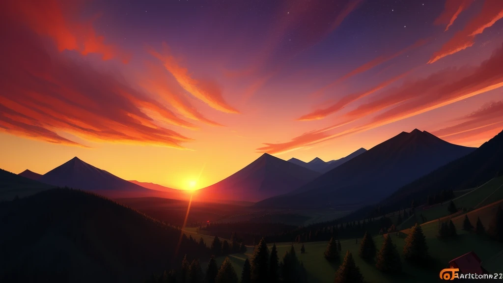 (convenient censorship:1.1), trending on artstation, uploaded on e621, rating:questionable, sunset clouds, wide shot, starry sky, wallpaper 8k, no characters,