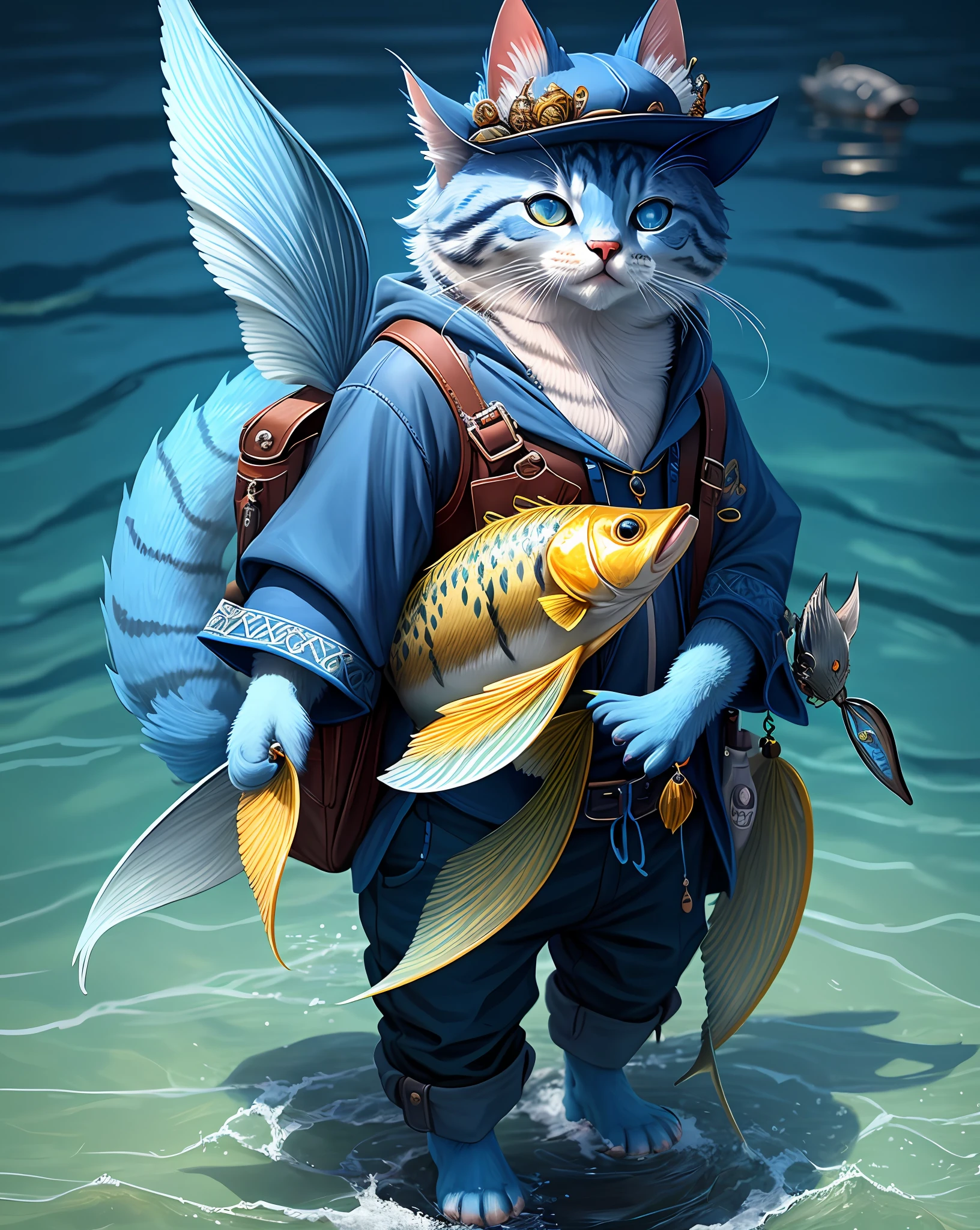 Masterpiece of cute creatures, very detailed, cat fisherman, with fish, wearing blue pants, close-up, 8k, full body, Unreal Engine, fantasy creatures, --v 6