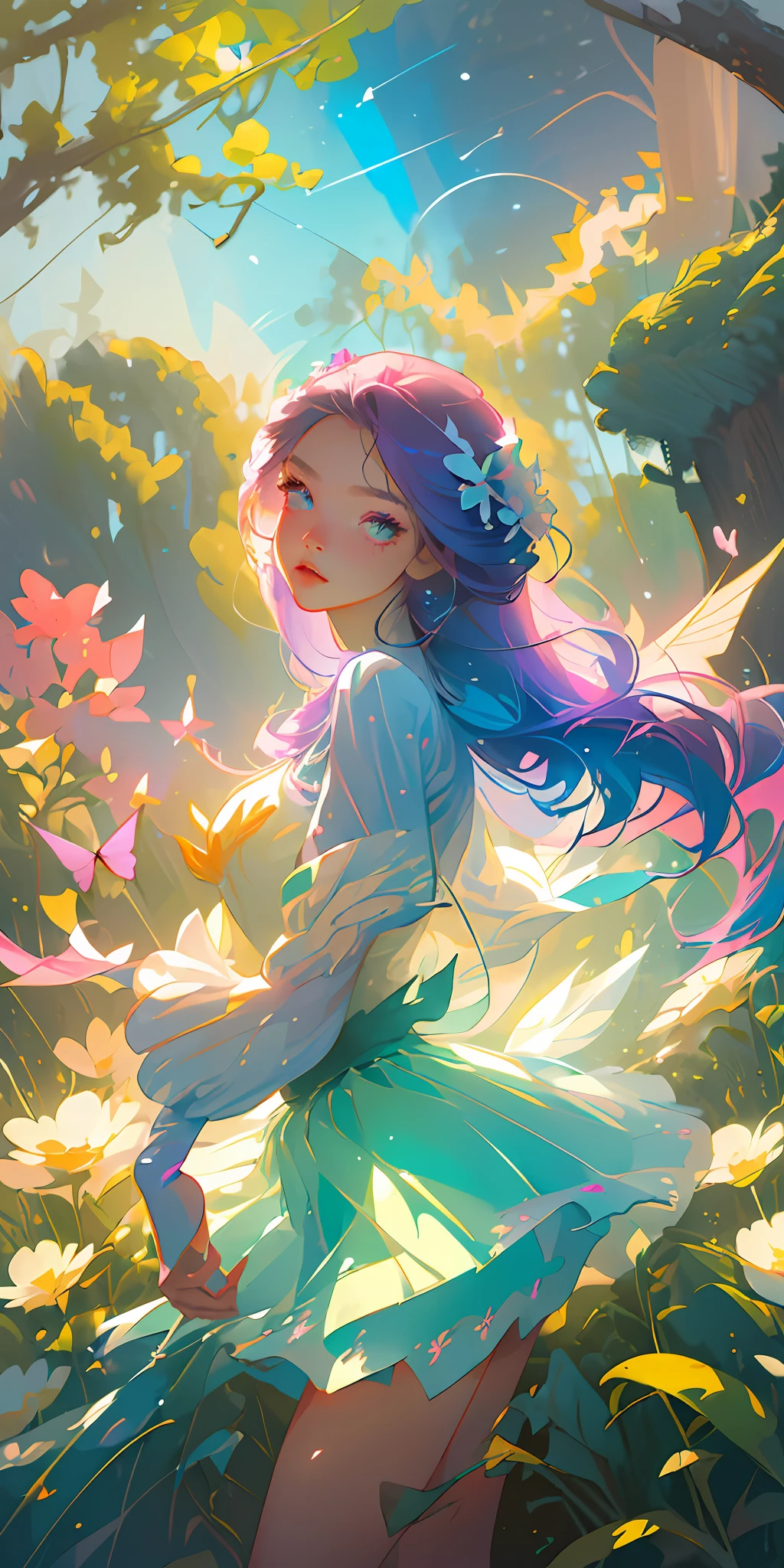 (Best Quality, Masterpiece), 1girl, colorful hair, colorful skirt, perfect eyes, perfect face, rossdraws pastel full of vitality, rossdraws cartoon full of vitality, detailed beautiful face, pose, particles, wind, flower, upper body, looking at the audience, flower fairy, wings, forest, butterfly,