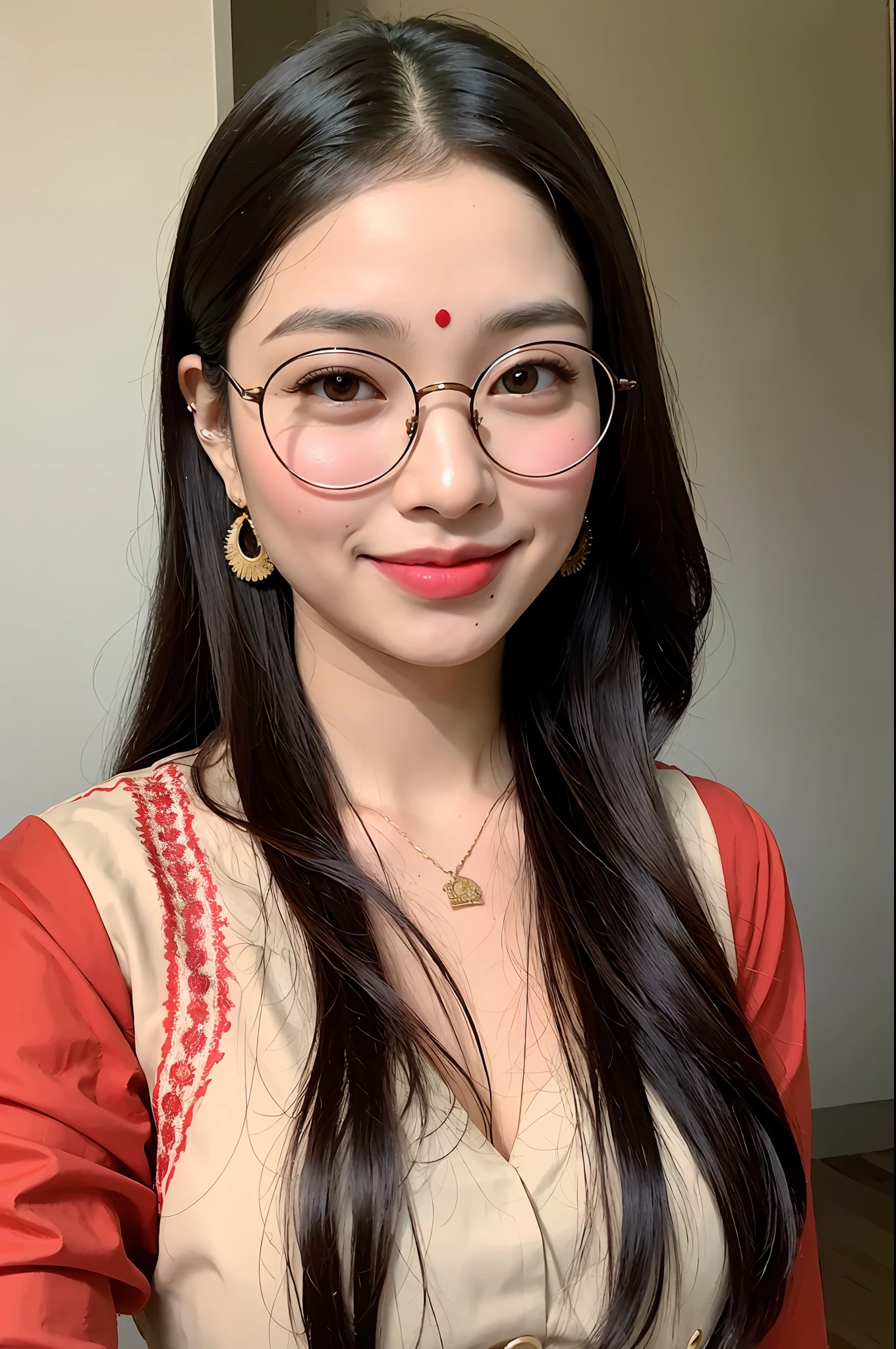 indian face, round glasses, brown skin color, red bindi on forehead : 1.3, portrait, wide smile, long black curly hair, big earring, standing, wearing red kurta, bust street