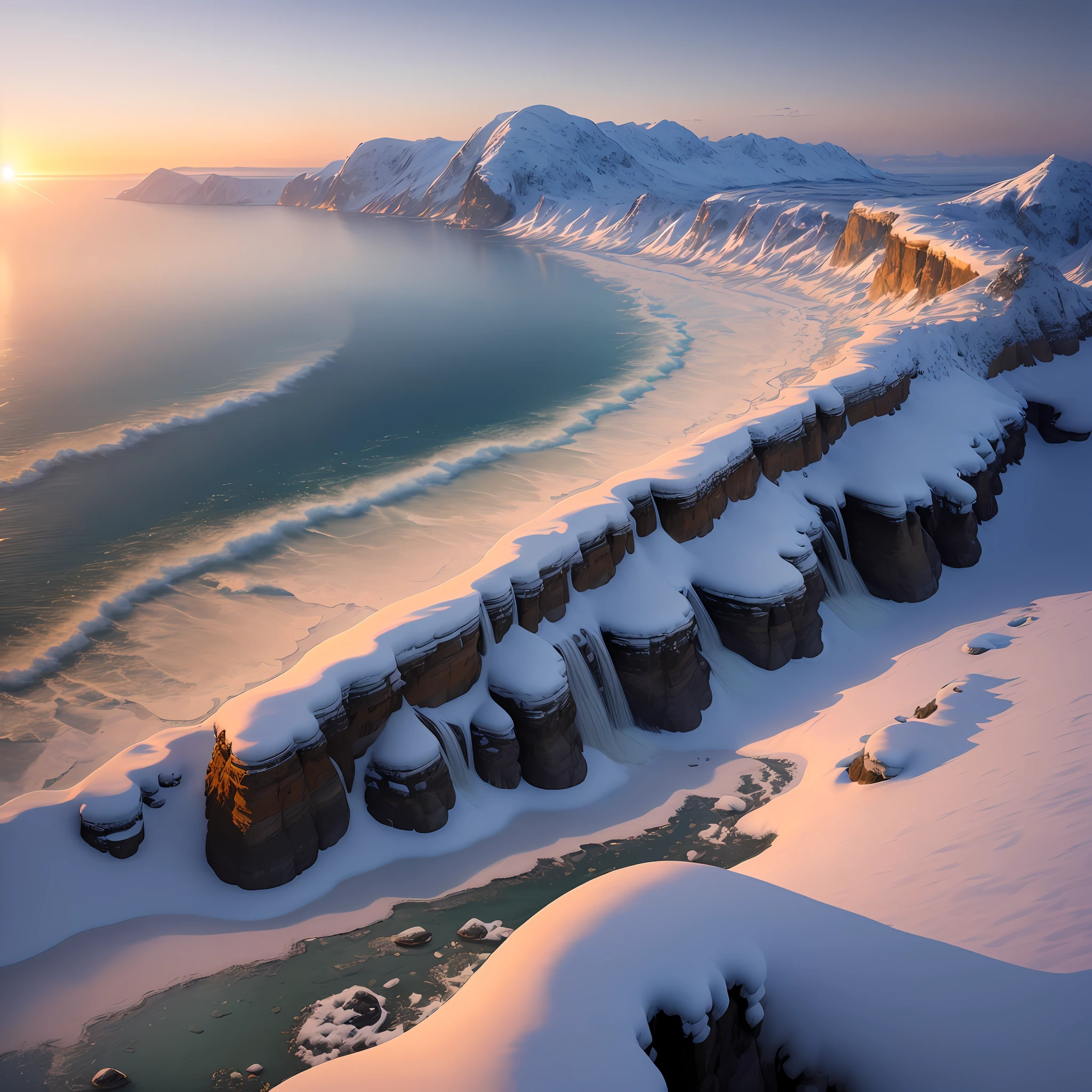 An authentic photographic landscape painting with unparalleled reality, wide view, on the sea, stars, sunlight, winter, light effects, realism, Dennis Sarahin, art station