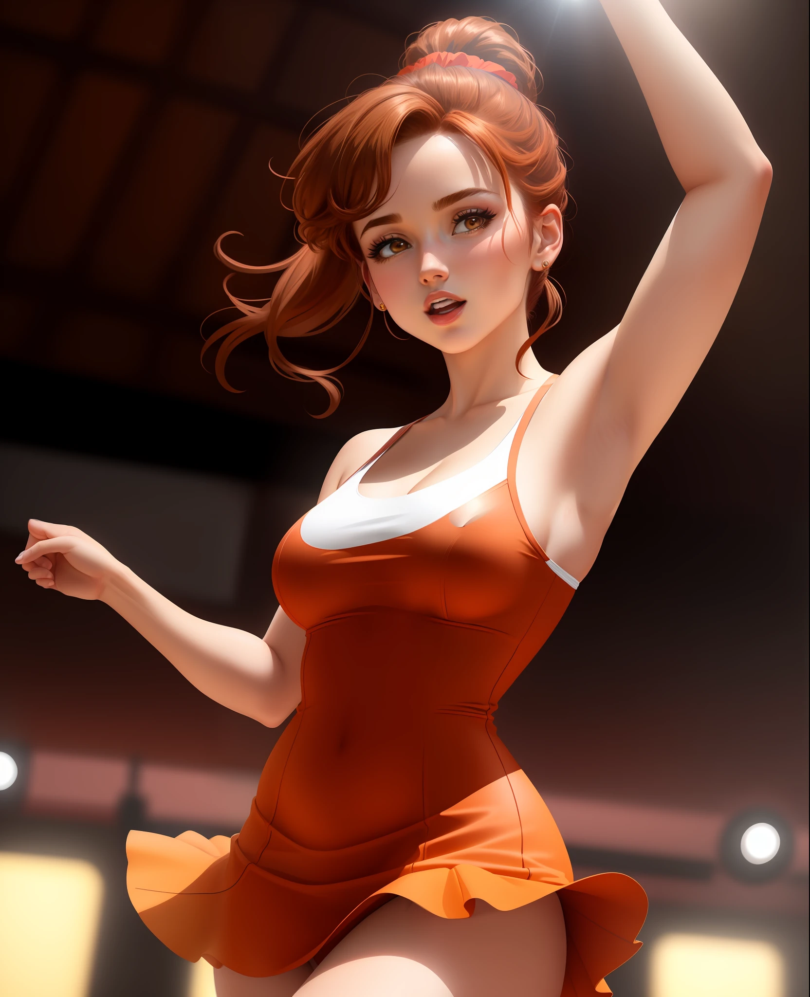 Dancing woman, arms raised, armpit, tight dress, short skirt, beautiful face, reddish brown hair with ponytail, at a party, detailed background, cartoon, 4k, HDR, high quality, better lighting, better shadows, makeup,