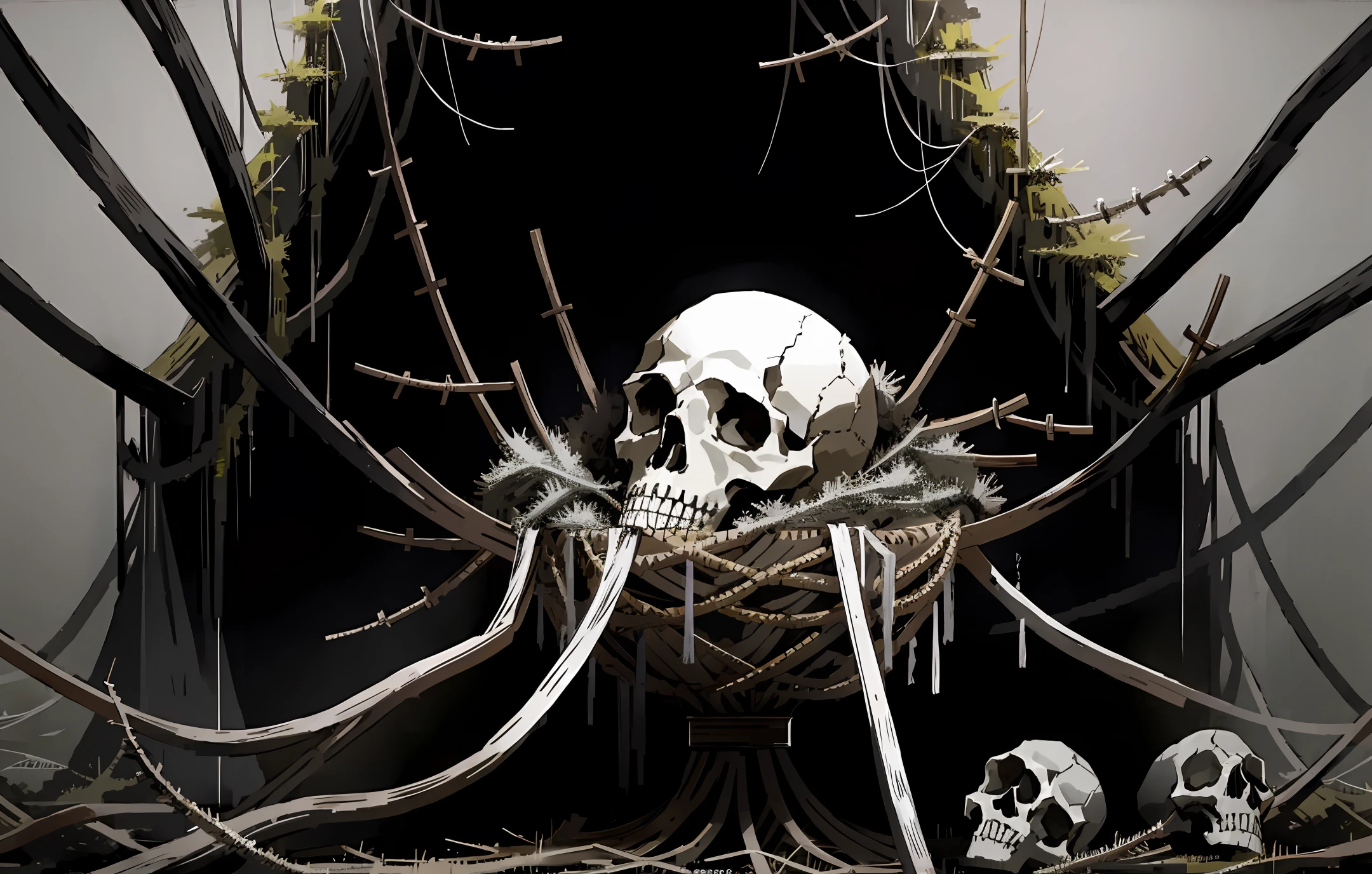 spider nest with bird skulls realistic