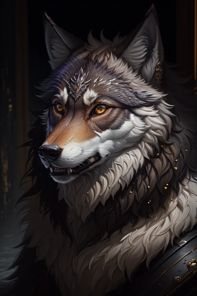 masterpiece, best quality, (finely detailed wolf)), (very detailed CG unified 8k wallpaper), (very detailed CG unified 8k wallpaper), Ed Blinkey, Atey Ghailan, professional majestic oil painting by Studio Ghibli, Jeremy Mann, Greg Manchess, Antonio Moro, trends on ArtStation, Midjourney and Greg Rutkowski's trends on CGSociety, complexity, high detail, sharpness, Dramatic, realistic art of painting