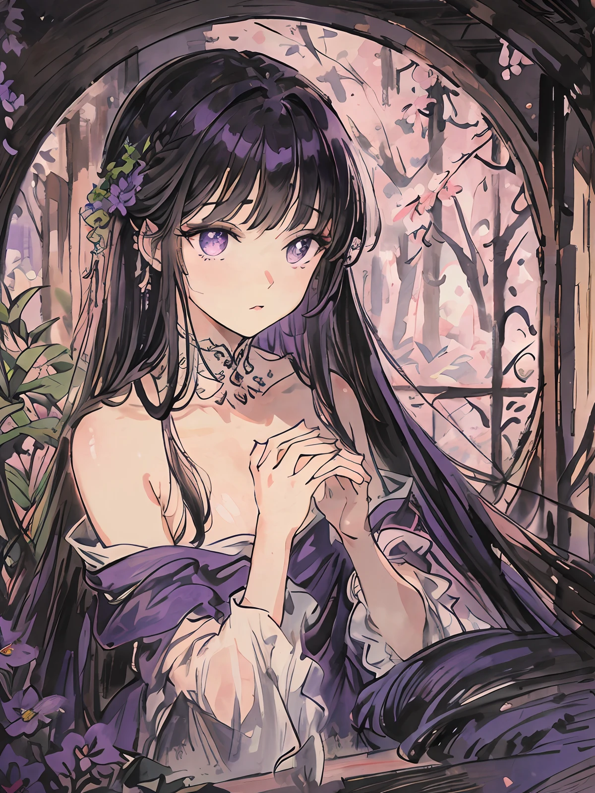 masterpiece, best quality, an extremely delicate and beautiful girl,an extremely delicate and beautiful, in beautiful garden, ultra-detailed, highly detailed, best quality, dark purple hair, purple eyes, no emotion stare, highres, extremely detailed,1girl, best quality, illustration, looking at viewer, hands down, impasto, canvas, oil painting, realistic, realist ,real