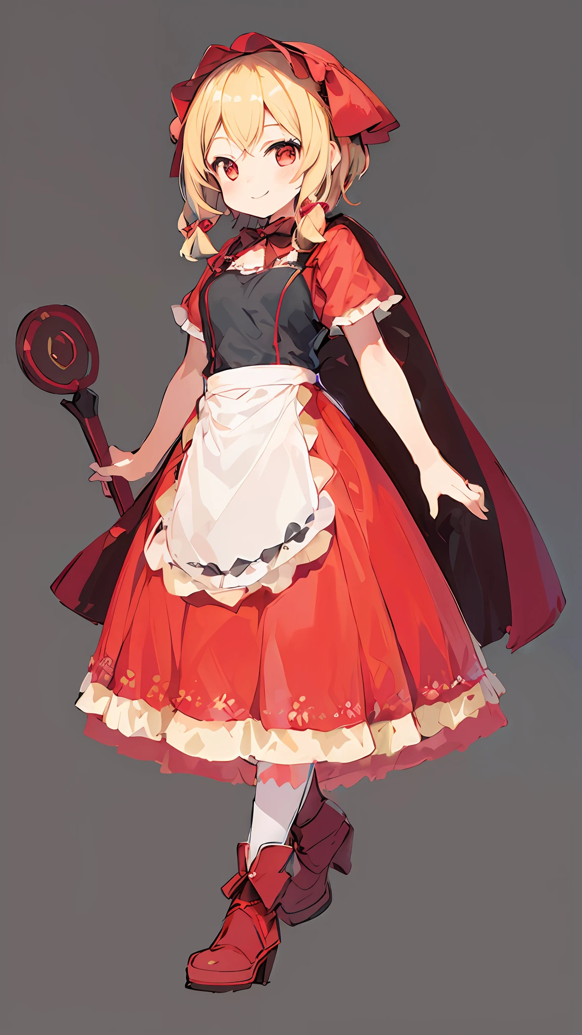 (detailed), 1girl, (masterpiece, best quality), chisato nishikigi, lycoris indentation, smiling, short hair, bob hair, blonde hair, red lycoris uniform, red eyes, anime girl in a red coat and black skirt with one bow, yandere, anime artstyle, perfect anatomy, perfect eyes, perfect hands, (1girl, 1character)), ((((full body)))), centered, hands on hips (((simple background, gray background)) ), character centered (1girl, solo), focus solo, looking at viewer, breasts medium
