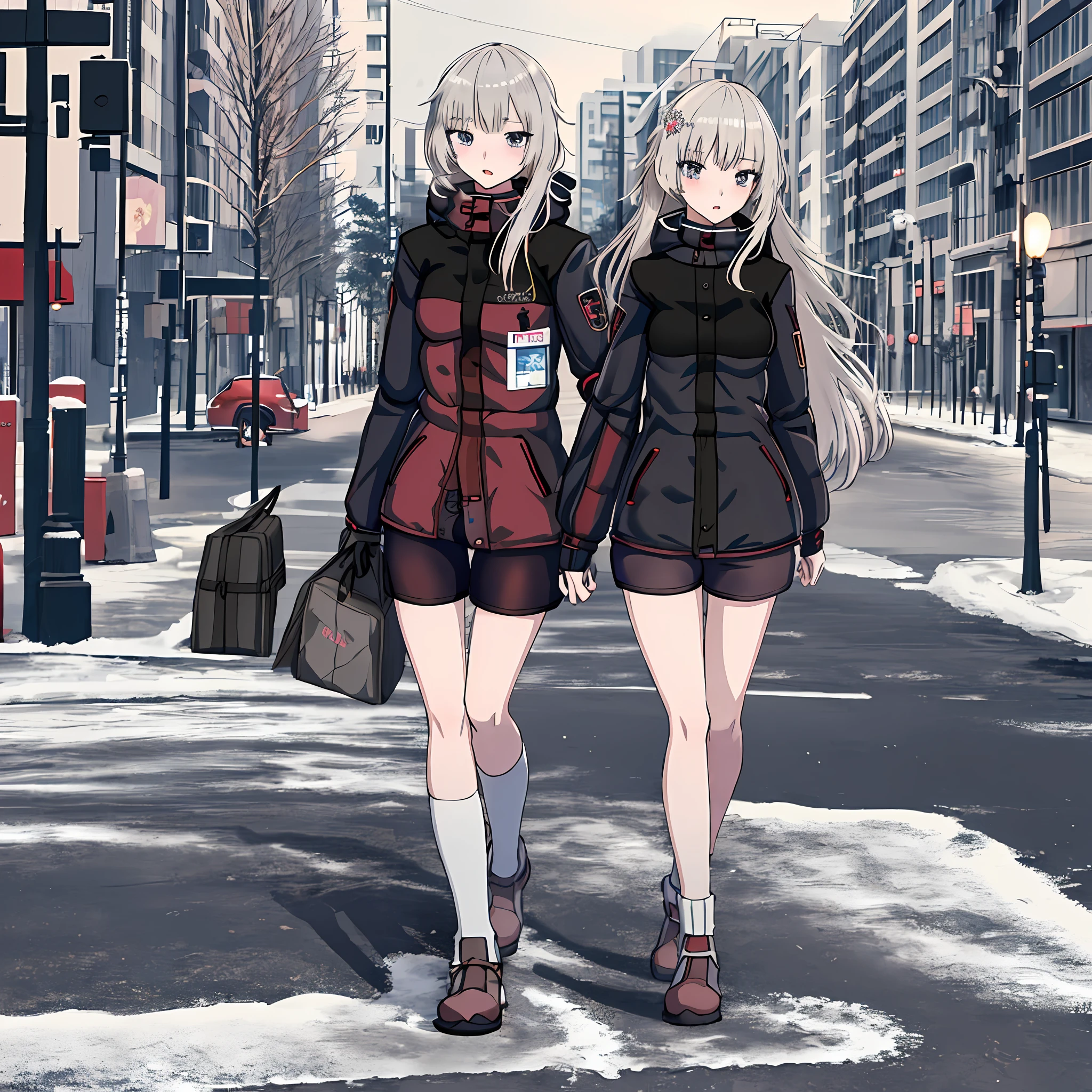 Anime girl, breasts, open breasts, sexy detailed digital art, short pants, winter could city, on the street, (full body, tall, good body, good anatomy: 1.4)