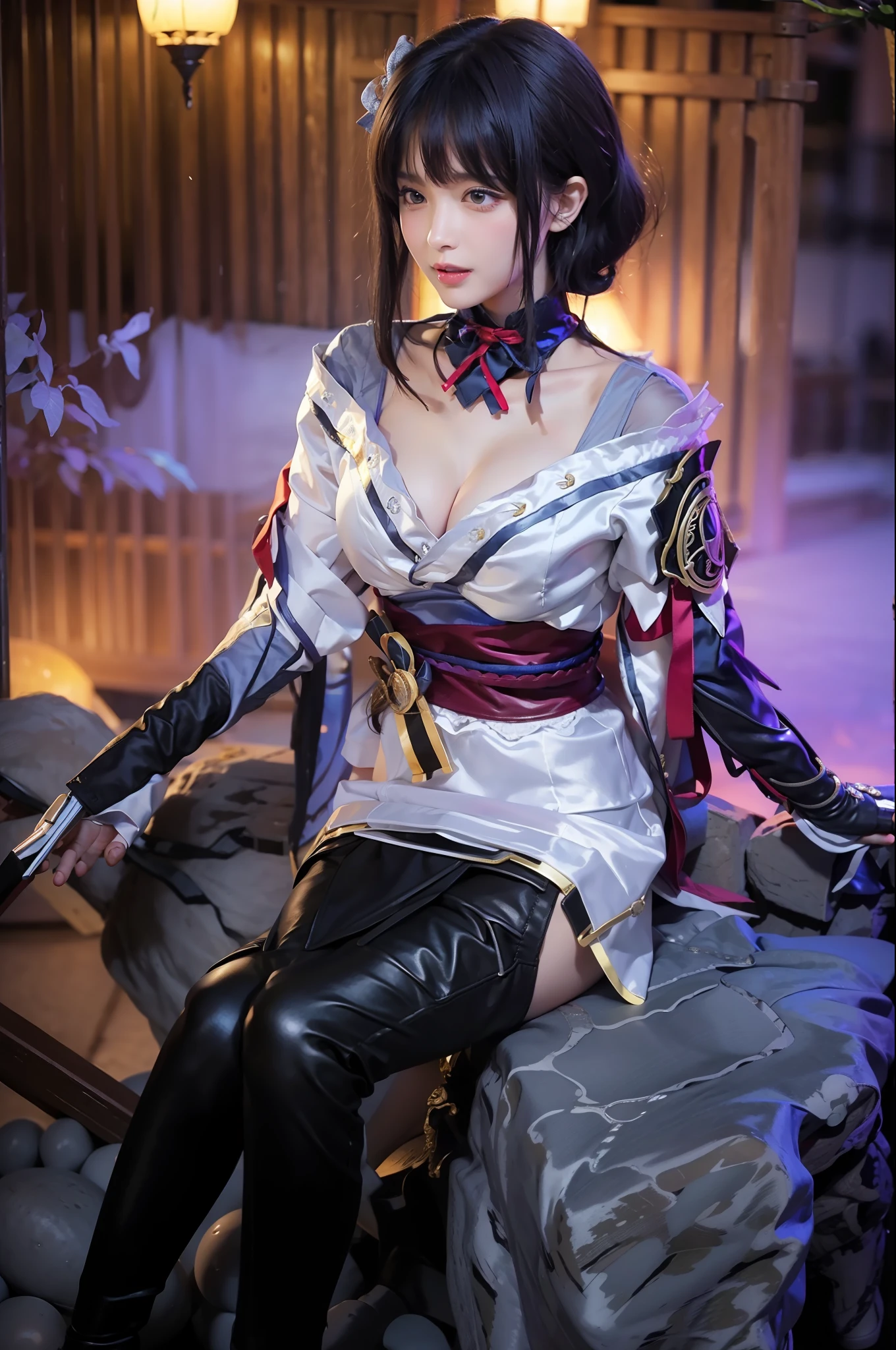 (8K, top quality, masterpiece:1.2), (realistic, photo-realistic:1.37), very detailed, 1 girl, cute, solo, beautiful detail sky, detailed café, night, sitting, dating, (nose blush), (laughter:1.15), (mouth shut) small breasts, beautiful detailed eyes, (collared shirt:1.1), night, wet, business dress, rain, white lace, (short hair:1.2), floating hair novafrogstyle, topless,