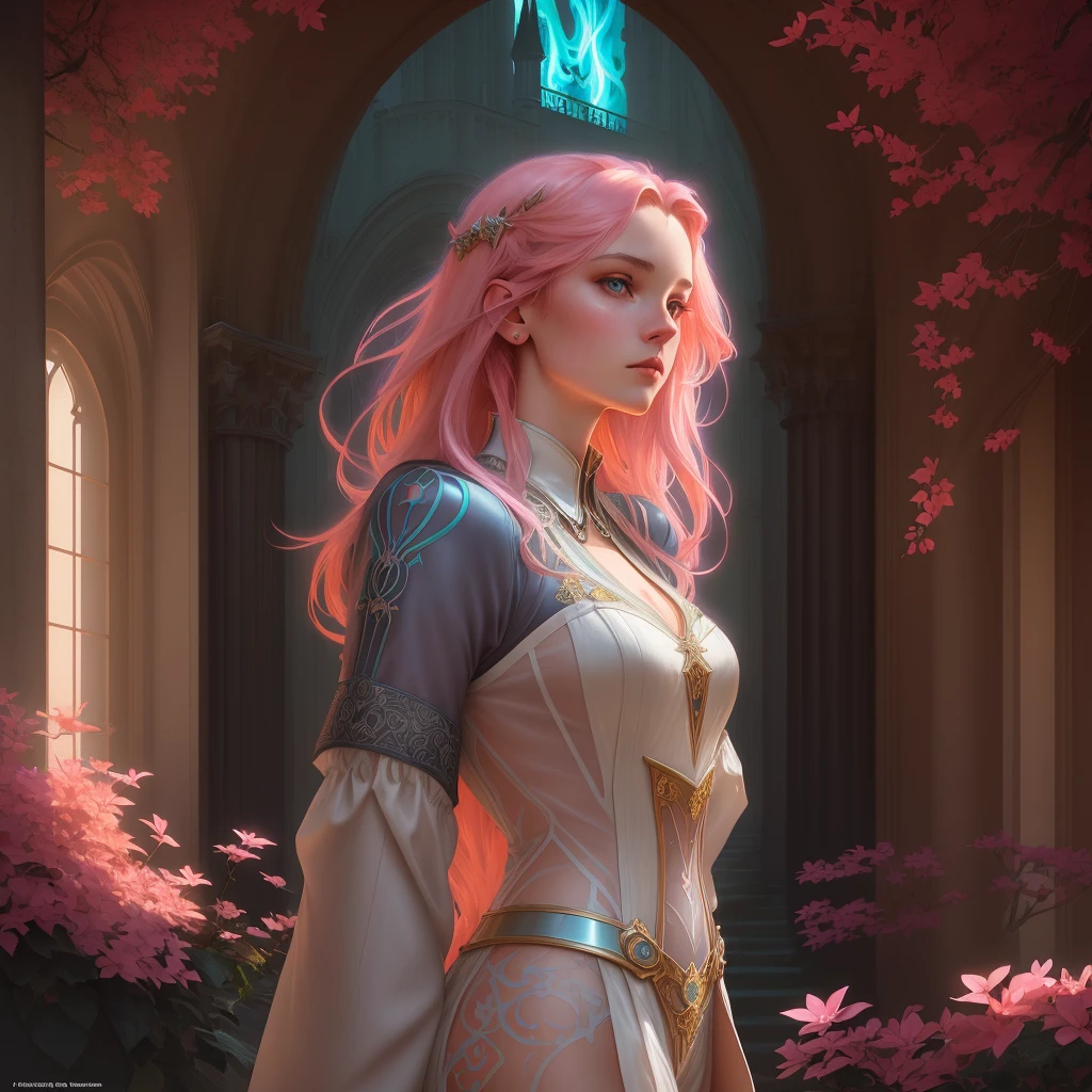Pale skinny young 18-year-old British girl, wearing compact evangelion jumpsuit slightly revealing the body, full length, full body, pink hair of long length bob, serious facial expression, against the backdrop of the castle garden, looking up, full body, high detail, high resolution, concept art portrait in 4k resolution. Greg Rutkowski, Artgerm, WLOP, Alphonse Mucha, a bit of poyatti fusion, realistic gothic, fractal isometry, bioluminescent details: stunning realistic photos of 30 years