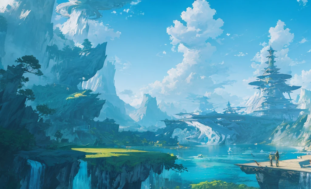 ConceptArt, nobody, landscape, water, sky, day, tree, cloud, waterfall, outdoors, architecture, nature, river, blue sky