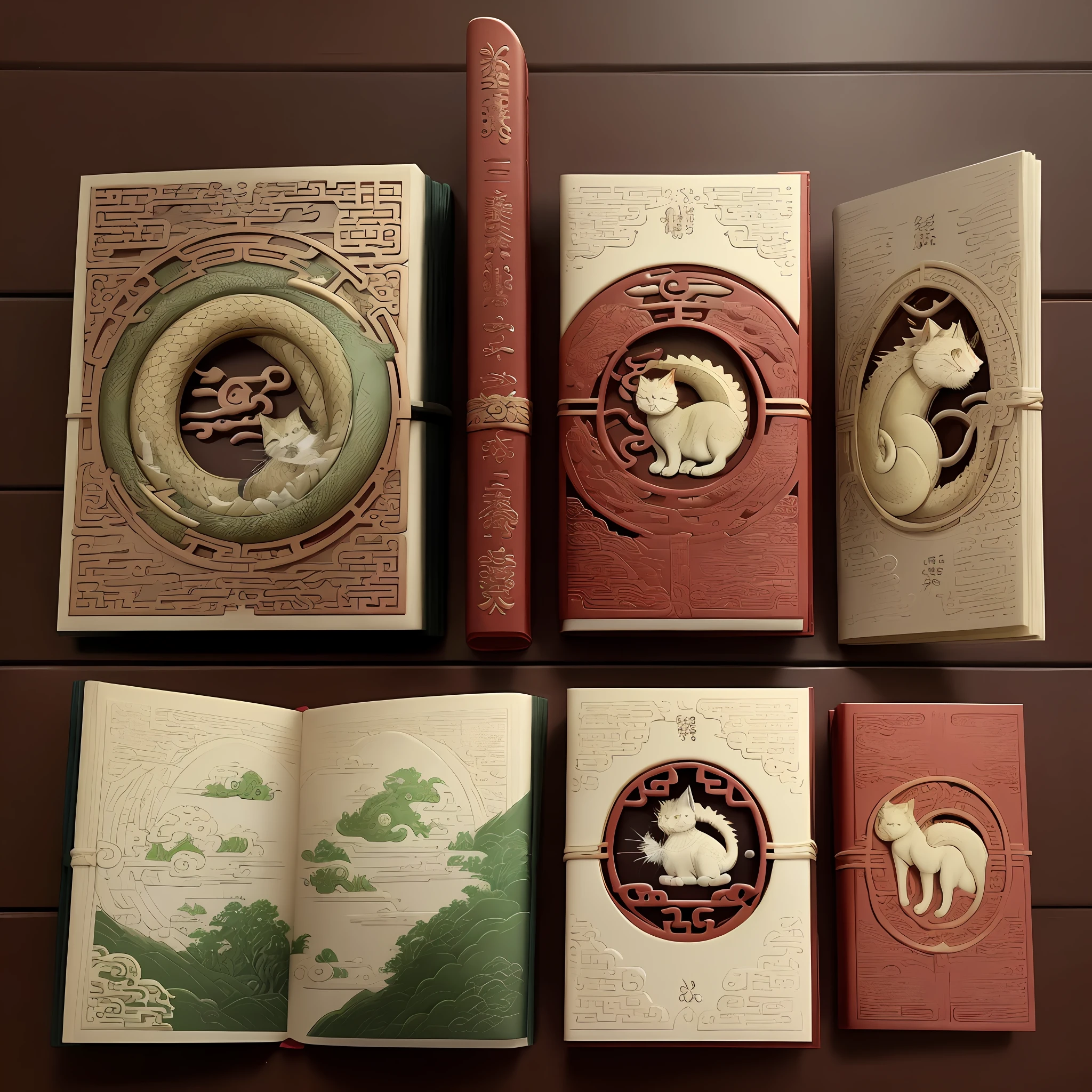 Nine life cat, book binding, multi-view, dragon lin, Chinese style, prototype, sample, finished product, surreal, book different placement angles
