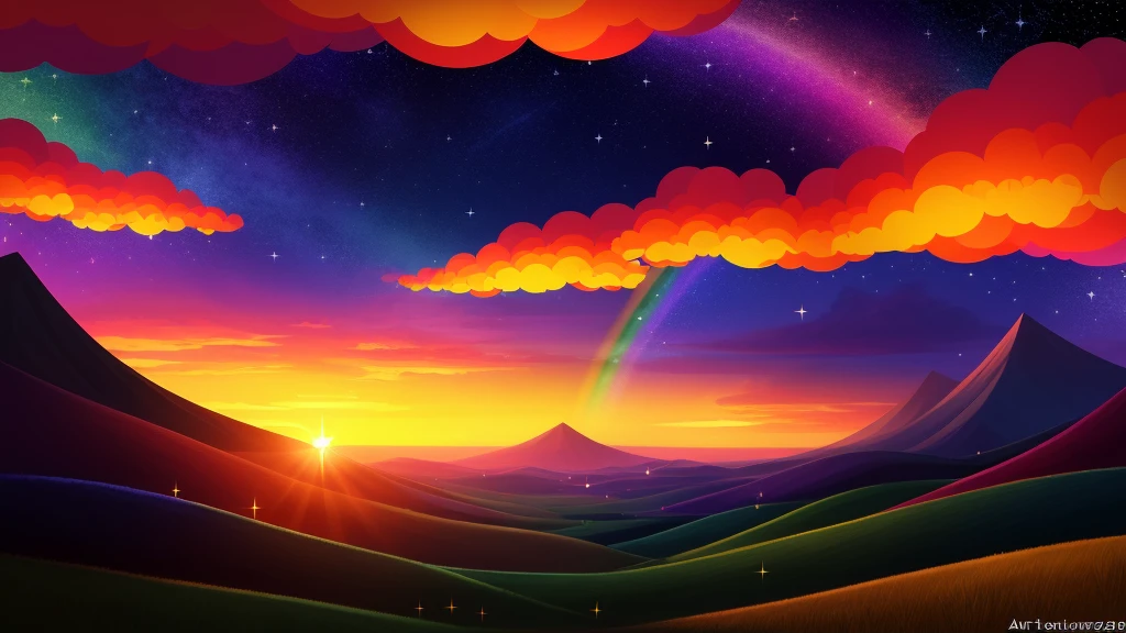 trending on artstation, uploaded on e621, rating:questionable, sunset clouds, wide shot, starry sky, wallpaper 8k, no characters, sparkles, rainbow, mild explosion, landscape, heart,