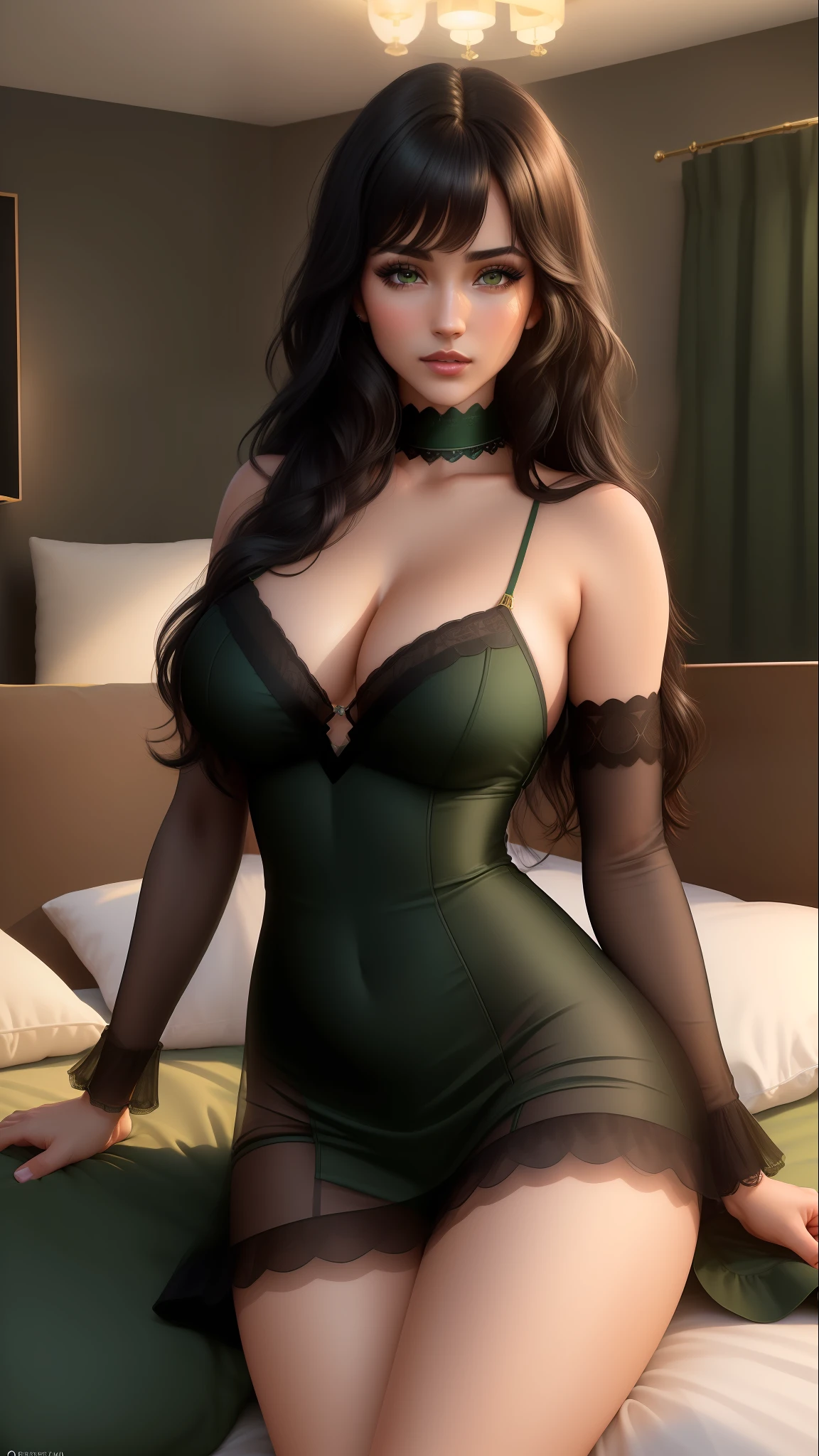 "((obra prima)), ((realista)), ((hyperrealista)), high quality, long dark hair with bangs, dark eyelash, makeup, fair skin, green eyes looking at camera, 4k, 8k, hdr, ((woman)), ((cuffed hands)), ((in bed))"